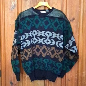 Vintage 80s Leather Yoke Oversized Geometric Print Sweater